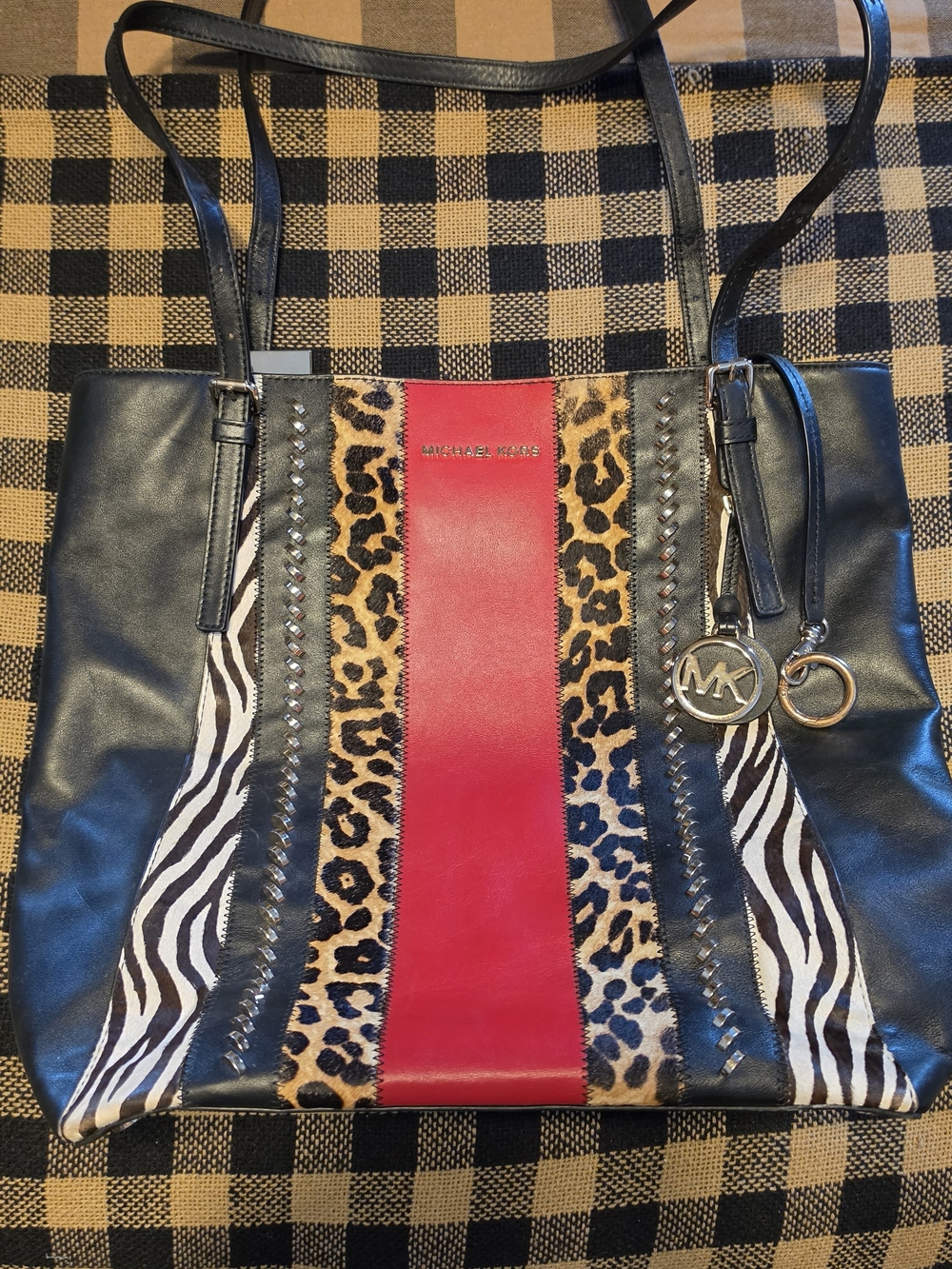 Michael Kors Black Leather Tote with Red Center and Mixed Animal Print